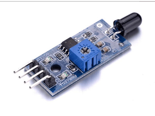 IR Flame Sensor Module - a blue circuit board with a black sensor, a blue potentiometer, four connector pins, and two small surface-mount LEDs.