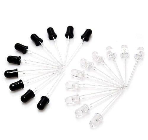 IR Infrared LED Transmitter And Receiver Pair For Arduino/Raspberry-pi/robotics - a collection of black infrared transmitters and clear infrared receivers arranged in two fan shapes.