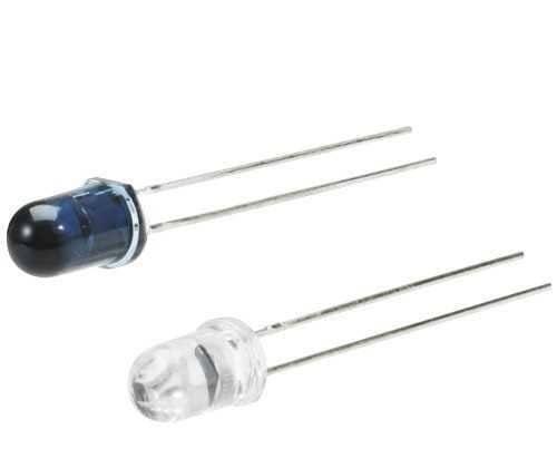 IR Infrared LED Transmitter And Receiver Pair For Arduino/Raspberry-pi/robotics - one dark blue LED and one clear LED, each with two metal pins.