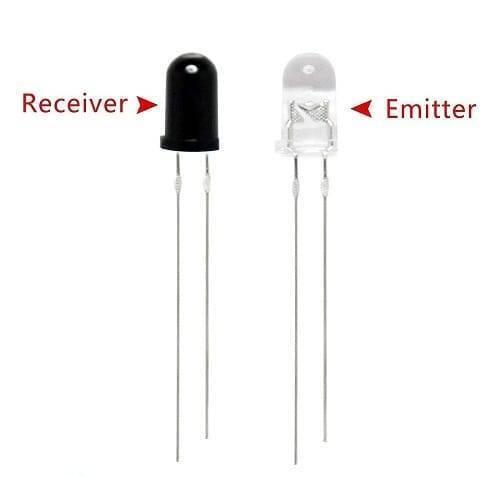IR Infrared LED Transmitter And Receiver Pair For Arduino/Raspberry-pi/robotics - a black infrared receiver and a clear infrared emitter LED, each with two long metal pins.