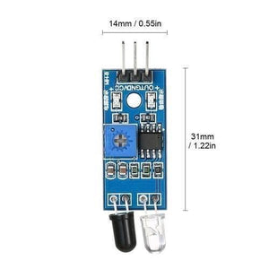 IR Infrared Obstacle Avoidance Sensor Module - shown from the top with dimensions, featuring a blue circuit board, a potentiometer, and two IR sensors.