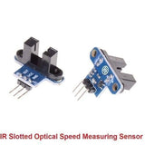 IR Infrared Slotted Optical Speed Measuring Sensor Detection Optocoupler Module RPM Sensor - two blue circuit boards with black optical sensors and three-pin connectors from different angles.