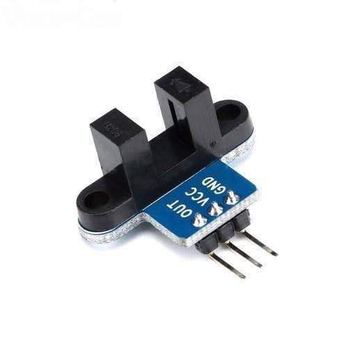 IR Infrared Slotted Optical Speed Measuring Sensor Detection Optocoupler Module RPM Sensor - a black U-shaped optical sensor mounted on a blue PCB with three output pins labeled OUT, VCC, GND.