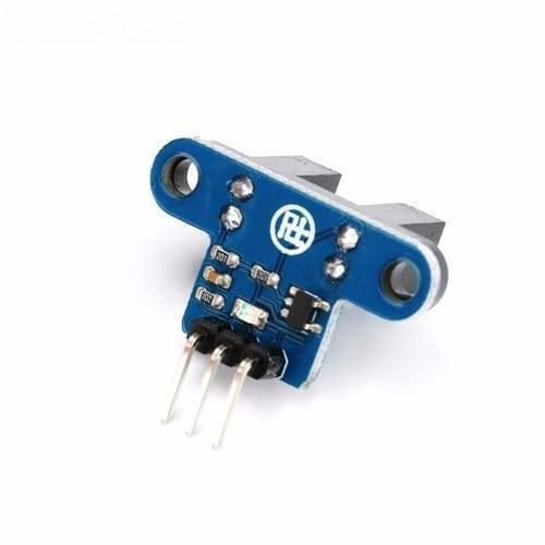 IR Infrared Slotted Optical Speed Measuring Sensor Detection Optocoupler Module RPM Sensor - a blue T-shaped circuit board with a black slotted sensor and three metal output pins.