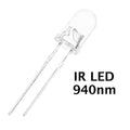 IR Transmitter LED 5mm Infrared Transmitter - a clear 5mm LED component with two metal pins, shown next to text reading IR LED 940nm.