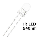 IR Transmitter LED 5mm Infrared Transmitter - a clear 5mm LED component with two metal pins, shown next to text reading IR LED 940nm.