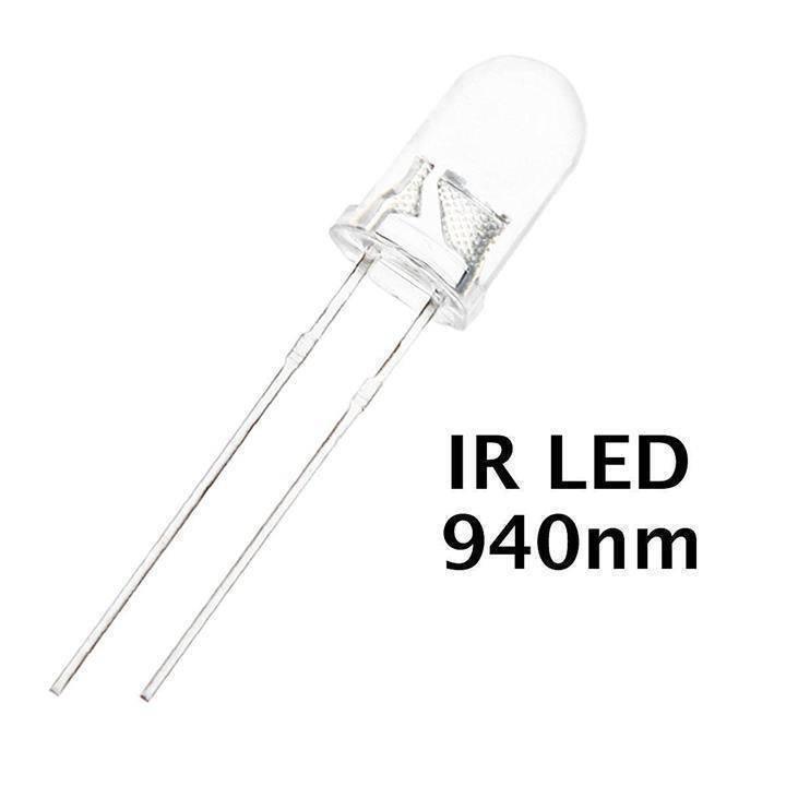 IR Transmitter LED 5mm Infrared Transmitter - a clear 5mm LED component with two metal pins, shown next to text reading IR LED 940nm.