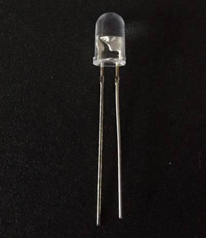 IR Transmitter LED 5mm Infrared Transmitter - a clear, dome-shaped LED component with two long metal leads against a black background.