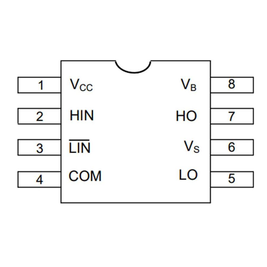 IR2103 Half-bridge Driver - an 8-pin integrated circuit layout with labels for VCC, HIN, LIN, COM, LO, VS, HO, and VB.