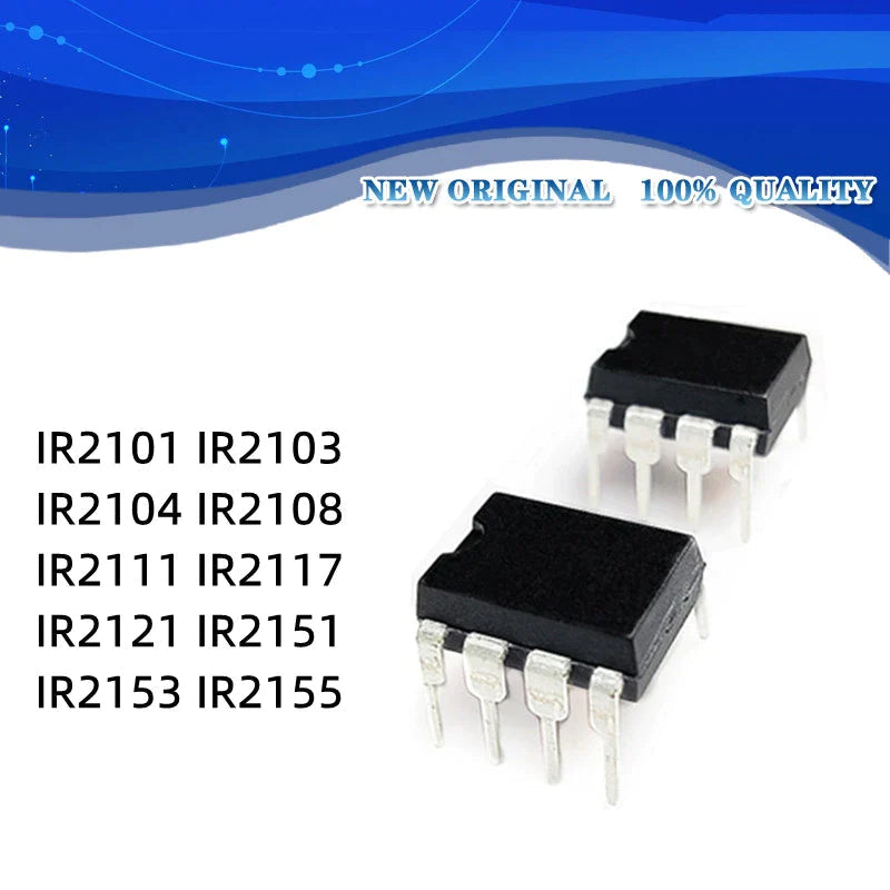 IR2103 Half-bridge Driver - shown as two black, rectangular 8-pin integrated circuit chips with silver metal pins against a white background.