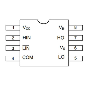 IR2103S pinout: VCC, HIN, LIN, COM, LO, VS, HO, VB on 8 pins