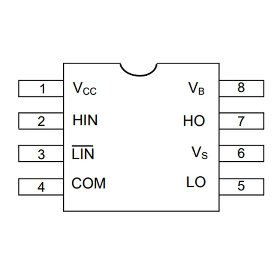 IR2103S pinout: VCC, HIN, LIN, COM, LO, VS, HO, VB on 8 pins