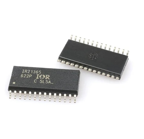 IR2136S SMD Price - two black rectangular integrated circuit chips with metallic pins along the sides, viewed from above against a white background.