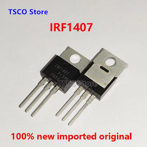 IRF1407 MOSFET Transistor TO220 Package IR N Channel 75V 130A Inverex Solar Inverter - two black TO-220 package components with three metal pins and a mounting hole, shown from front and back views.