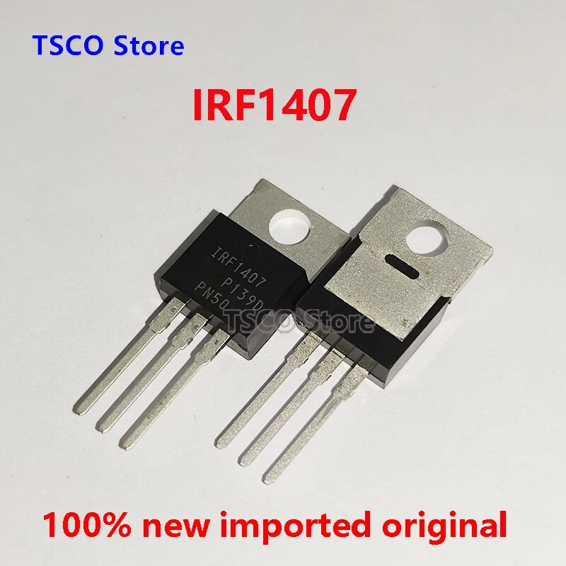 IRF1407 MOSFET Transistor TO220 Package IR N Channel 75V 130A Inverex Solar Inverter - two black TO-220 package components with three metal pins and a mounting hole, shown from front and back views.