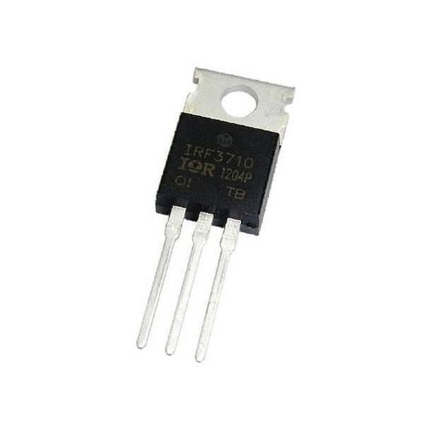 IRF3710 Power MOSFET - a black three-pin electronic component with a metal mounting tab, viewed from the front against a white background.