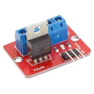 IRF520 MOSFET Driver Module For Arduino - a red circuit board with a black IRF520N transistor, two blue screw terminals, and three header pins.
