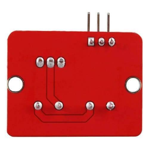 IRF520 MOSFET Driver Module For Arduino - the red underside of the circuit board with exposed solder points and three connector pins.