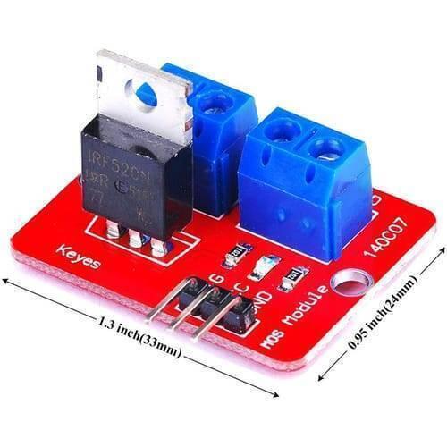 IRF520 MOSFET Driver Module For Arduino - a red rectangular circuit board with a black IRF520N transistor, two blue screw terminals, and three header pins.