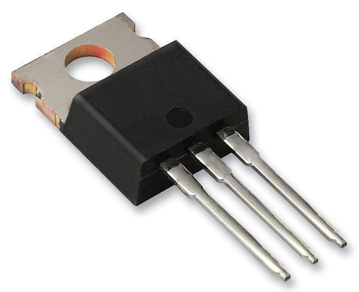 IRF630 N Channel MOSFET - a black electronic component with a metal heat sink tab and three silver pins extending from the base.