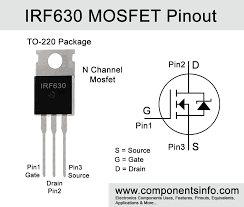 IRF630 N Channel MOSFET - shown in a diagram with a TO-220 package illustration, pinout labels, and a circuit symbol.