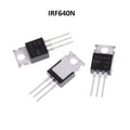 IRF640N Power MOSFET - three black and silver electronic components with three metal pins and a mounting hole, arranged on a white background.