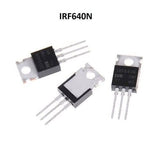 IRF640N Power MOSFET - three black and silver electronic components with three metal pins and a mounting hole, arranged on a white background.