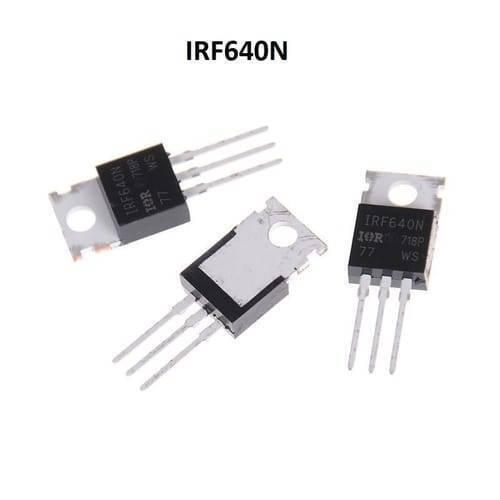 IRF640N Power MOSFET - three black and silver electronic components with three metal pins and a mounting hole, arranged on a white background.