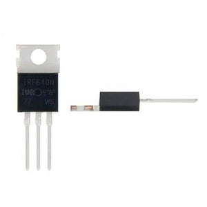 IRF640N Power MOSFET - shown from two angles, featuring a black rectangular body with three metal pins and a top mounting hole.