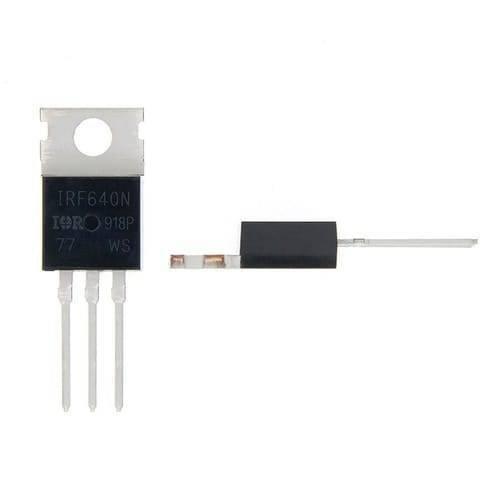 IRF640N Power MOSFET - shown from two angles, featuring a black rectangular body with three metal pins and a top mounting hole.
