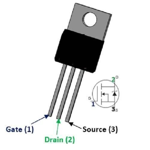 IRF640N Power MOSFET - shown as a black, three-pin electronic component with a metal tab and an overlaid schematic diagram labeling the gate, drain, and source.