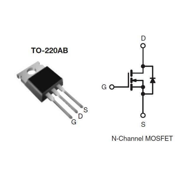 IRF830 N-channel MOSFET - shown as a black TO-220AB package with three pins alongside its corresponding electronic circuit symbol diagram.