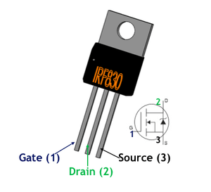 IRF830 N-channel MOSFET - shown as a black three-pin electronic component with a metal tab and a schematic diagram overlay labeling the gate, drain, and source.