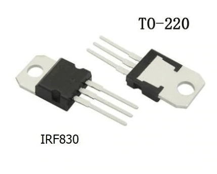 IRF830 N-channel MOSFET - shown as two black and silver TO-220 package electronic components with three metal pins each.