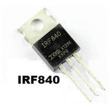 IRF840 N-channel 8A 500V Power MOSFET - shown as a black, three-pin electronic component with a metal mounting tab and the text IRF840 printed on its surface.