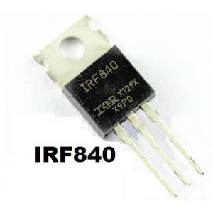 IRF840 N-channel 8A 500V Power MOSFET - shown as a black, three-pin electronic component with a metal mounting tab and the text IRF840 printed on its surface.