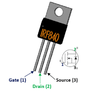 IRF840 N-channel 8A 500V Power MOSFET - a black TO-220 package with three metal pins labeled Gate, Drain, and Source, alongside a schematic circuit symbol.