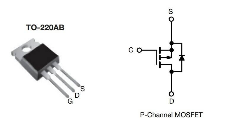 IRF9530N P Channel MOSFET Orignal ( Used ) - a black TO-220AB transistor with three metal pins and a corresponding circuit symbol diagram for a P-Channel MOSFET.