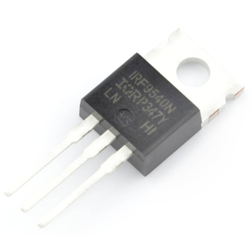 IRF9540 p Channel Power MOSFET - Buy Power MOSFET | Digilog.pk - a black three-pin electronic component with a metal mounting tab, shown from a top-down angle against a white background.