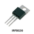 IRFBG30 n Channel Power MOSFET - shown as a black electronic component with three metal pins and a metal mounting tab with a hole.