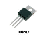 IRFBG30 n Channel Power MOSFET - shown as a black electronic component with three metal pins and a metal mounting tab with a hole.