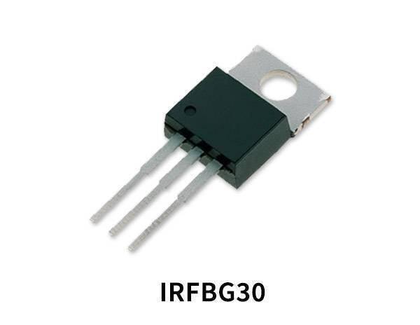 IRFBG30 n Channel Power MOSFET - shown as a black electronic component with three metal pins and a metal mounting tab with a hole.