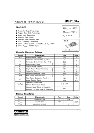 IRFP150A Advanced Power MOSFET - IRFP150A datasheet showing a technical specification table, thermal resistance chart, and a small diagram of the TO-3P package with pin labels.