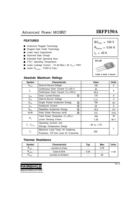 IRFP150A Advanced Power MOSFET - IRFP150A datasheet showing a technical specification table, thermal resistance chart, and a small diagram of the TO-3P package with pin labels.