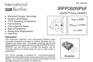 IRFP260N Power MOSFET - the component name, a circuit symbol, specifications, and an illustration of the TO-247AC package.