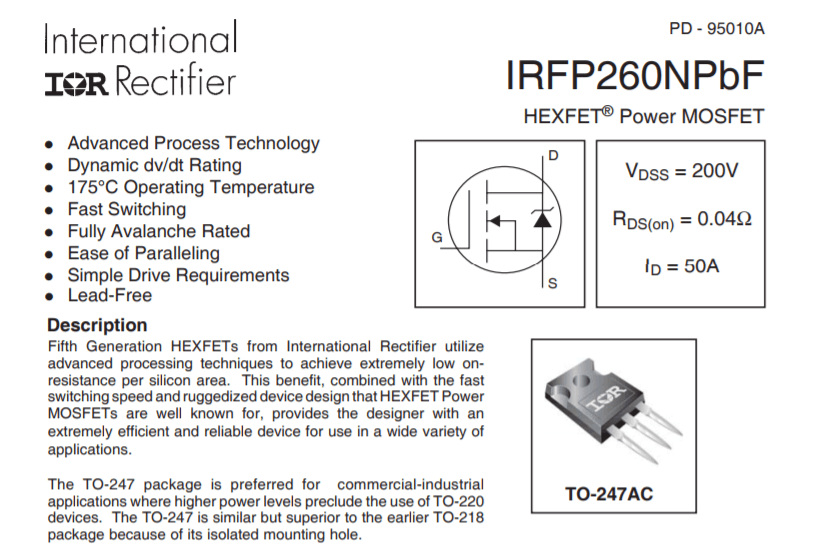 IRFP260N Power MOSFET - the component name, a circuit symbol, specifications, and an illustration of the TO-247AC package.