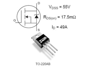 IRFZ44N Power MOSFET Refurb - shown with its schematic symbol, TO-220AB package, and specifications for VDS, RDS(on), and ID.