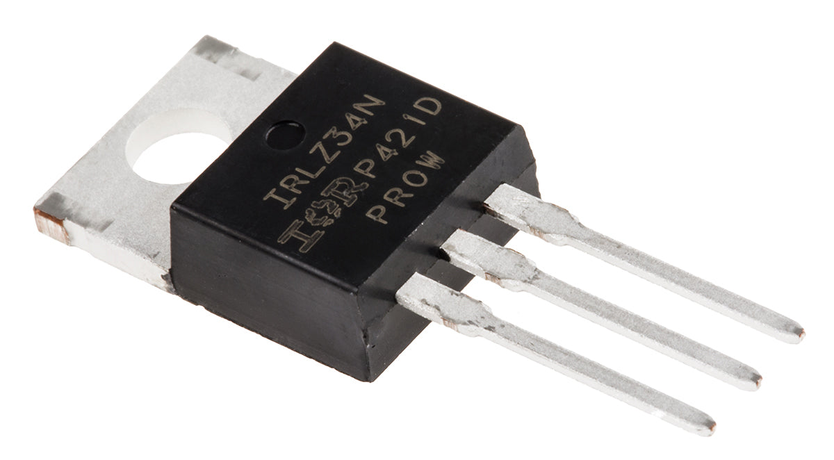 IRLZ34N N-channel MOSFET – 55V, 30A, Logic Level TO-220 Power Transistor - a black, three-pin TO-220 power transistor with a metal mounting tab, shown from an angled perspective.