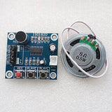 ISD1820 Recording And Playback Module With On Board Mic And Loud Speaker - blue circuit board, onboard microphone, three push buttons, and a round 8-ohm 0.5W speaker with white wires.
