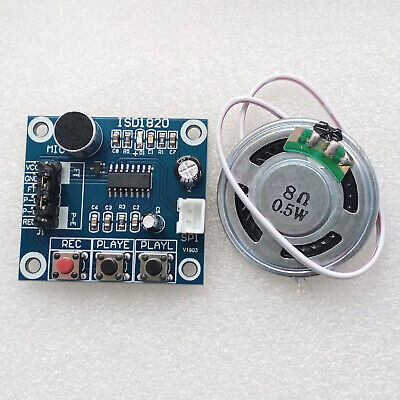 ISD1820 Recording And Playback Module With On Board Mic And Loud Speaker - blue circuit board, onboard microphone, three push buttons, and a round 8-ohm 0.5W speaker with white wires.